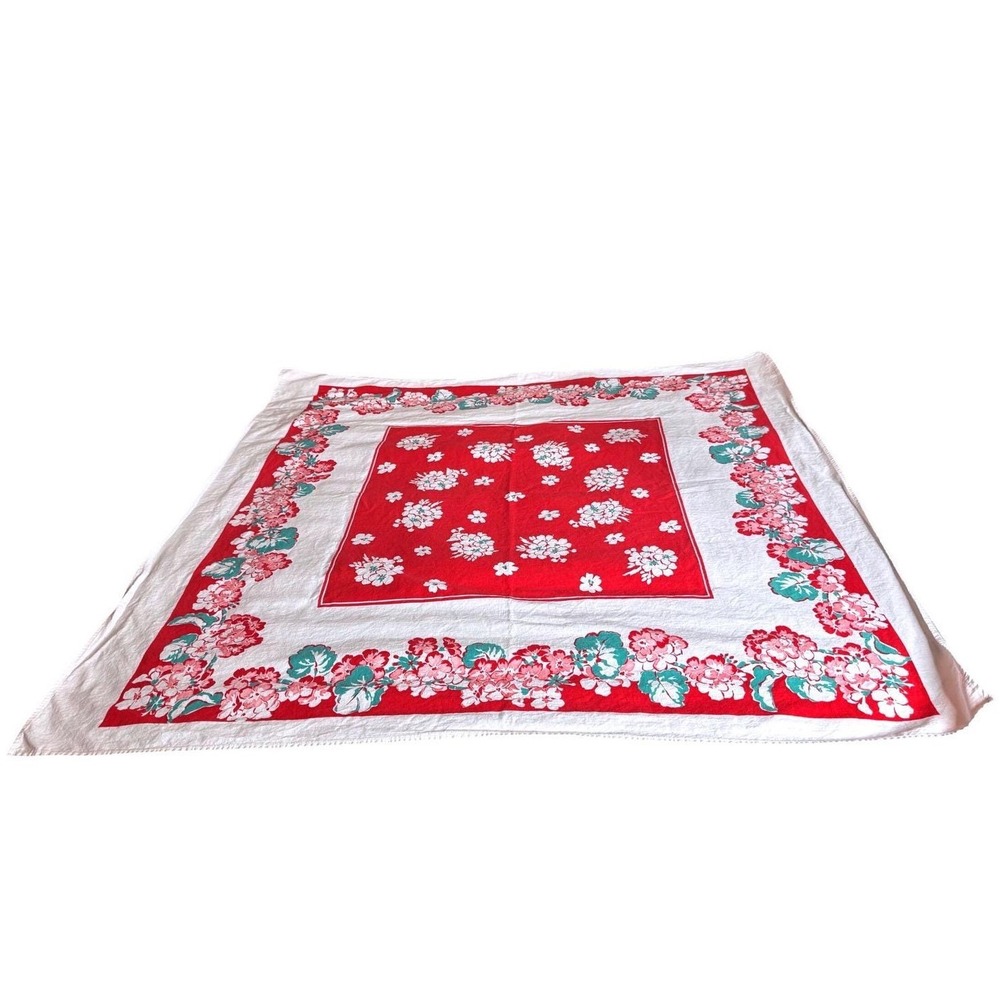 Vintage Floral Tablecloth Red White Teal Geranium Retro Mid Century